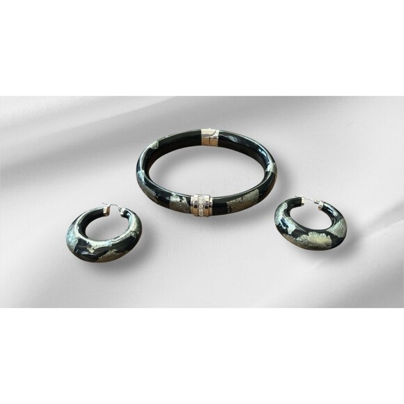 SOHO SLVR Bangle Earrings Diamond  14 CT White Gold Leaf Enamel Sterling Italy - Picture 2 of 7